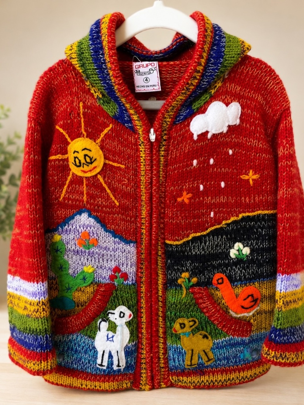 Grupo Kids Handmade Peruvian Wool Knit Hooded Sweater Size 4